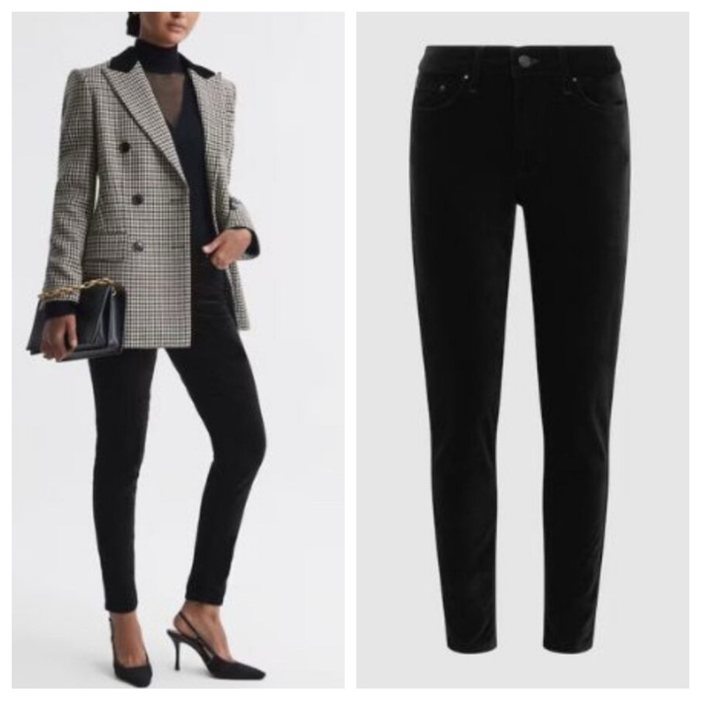 New! REISS Black Lux Velvet Mid Rise Skinny Jeans Size 30 - 36058